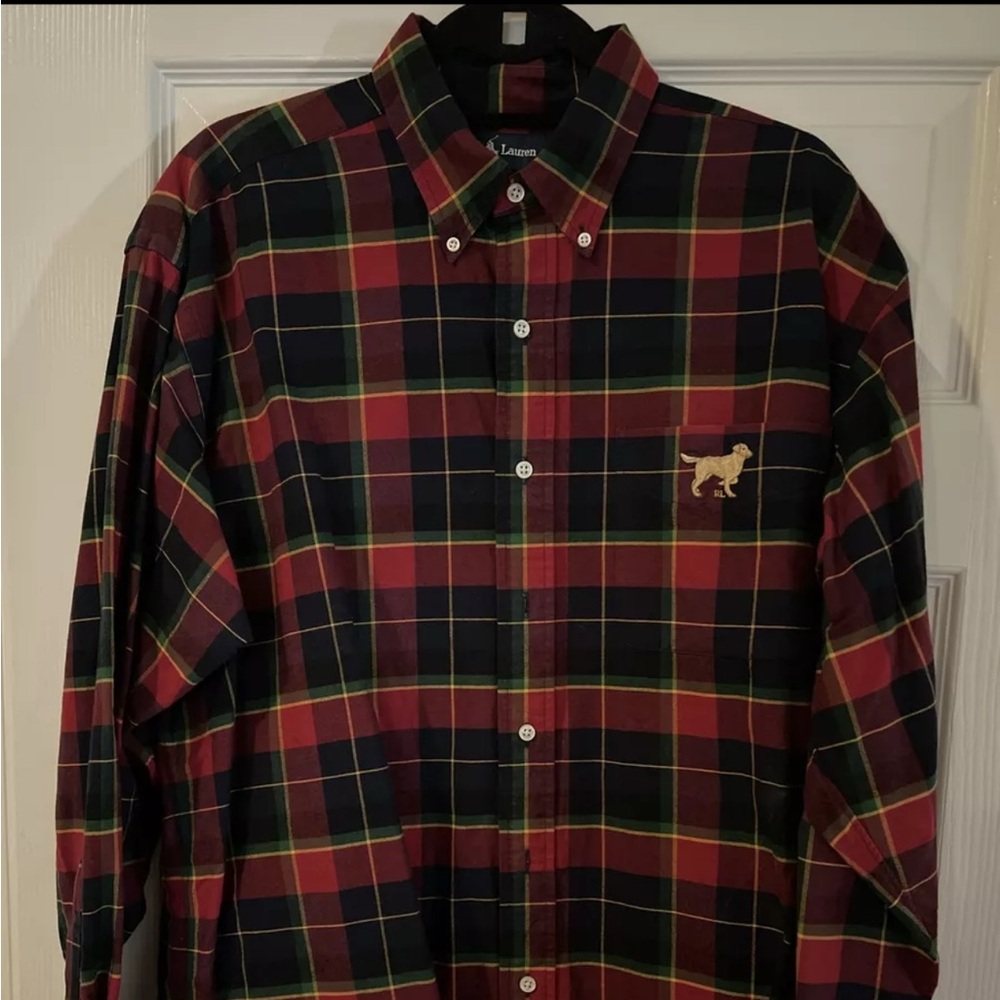Ralph Lauren Blake Men Large Long Sleeve Plaid Dog Shirt Golden Retriever